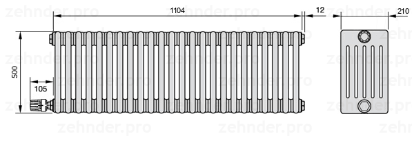 Схема (чертеж) Радиатор Zehnder Charleston 6050/24 №V003 Белый глянцевый RAL 9016